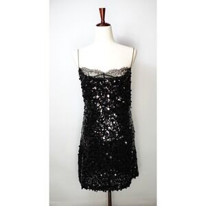 Zara Black Sequin Mini Dress with Lace Trim Spaghetti Strap Low Back Party